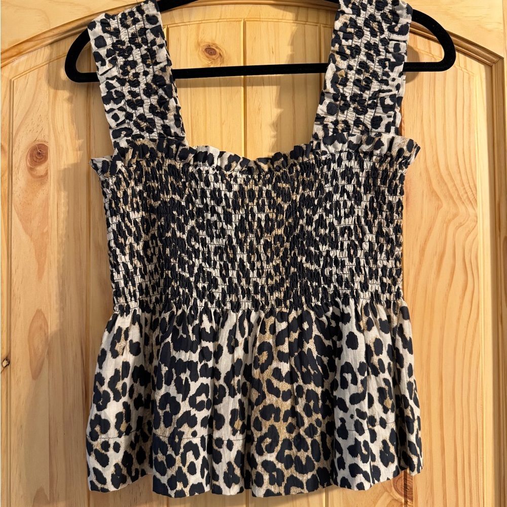 EUC Ganni Leopard Print Smocked Top - Picture 2 of 4